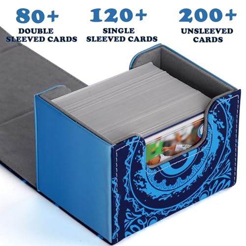 MTGPRO Blue Deck Box - Holds 120+ Sleeved Cards, Waterproof PU Leather Magnetic Case for MTG and TCG