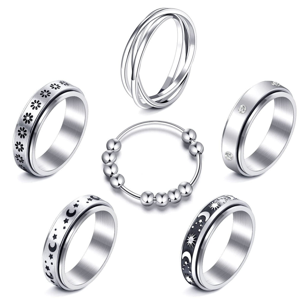 MUCAL 8-Pack Fidget Rings for Anxiety - Stainless Steel Spinner Rings with Moon, Star, Bead Designs - Sizes 6-10