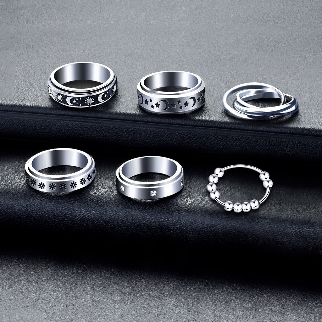 MUCAL 8-Pack Fidget Rings for Anxiety - Stainless Steel Spinner Rings with Moon, Star, Bead Designs - Sizes 6-10