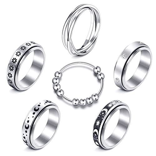 MUCAL 8-Pack Fidget Rings for Anxiety - Stainless Steel Spinner Rings with Moon, Star, Bead Designs - Sizes 6-10