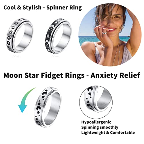 MUCAL 8-Pack Fidget Rings for Anxiety - Stainless Steel Spinner Rings with Moon, Star, Bead Designs - Sizes 6-10