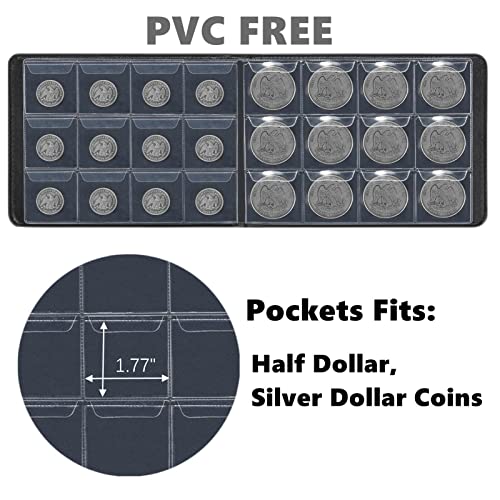 MUDOR Coin Collection Holder Book: PVC-Free 120 Pockets, PU Leather Cover for Half Dollar & Silver Dollar Coins