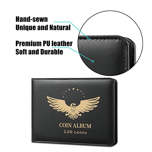 MUDOR Coin Collection Holder Book: PVC-Free 120 Pockets, PU Leather Cover for Half Dollar & Silver Dollar Coins
