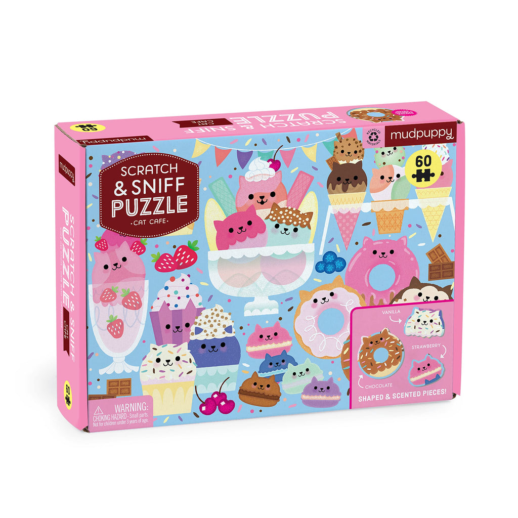 Mudpuppy Cat Cafe 60 Piece Scratch & Sniff Puzzle – Scented Jigsaw with Shaped Pieces