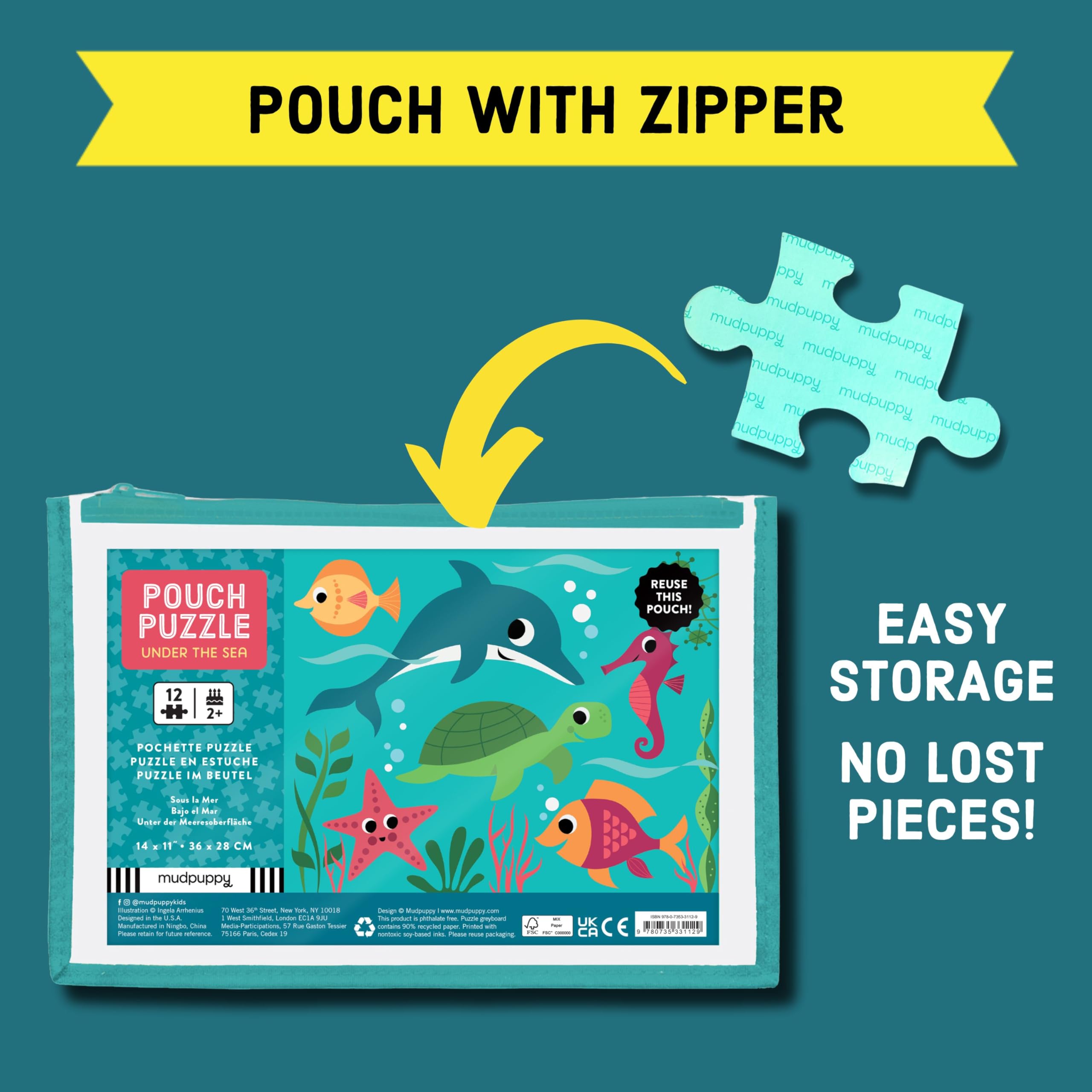 Mudpuppy Under the Sea 12-Piece Puzzle – Colorful Ocean Scene with Reusable Zipper Pouch for Toddlers Ages 2-4