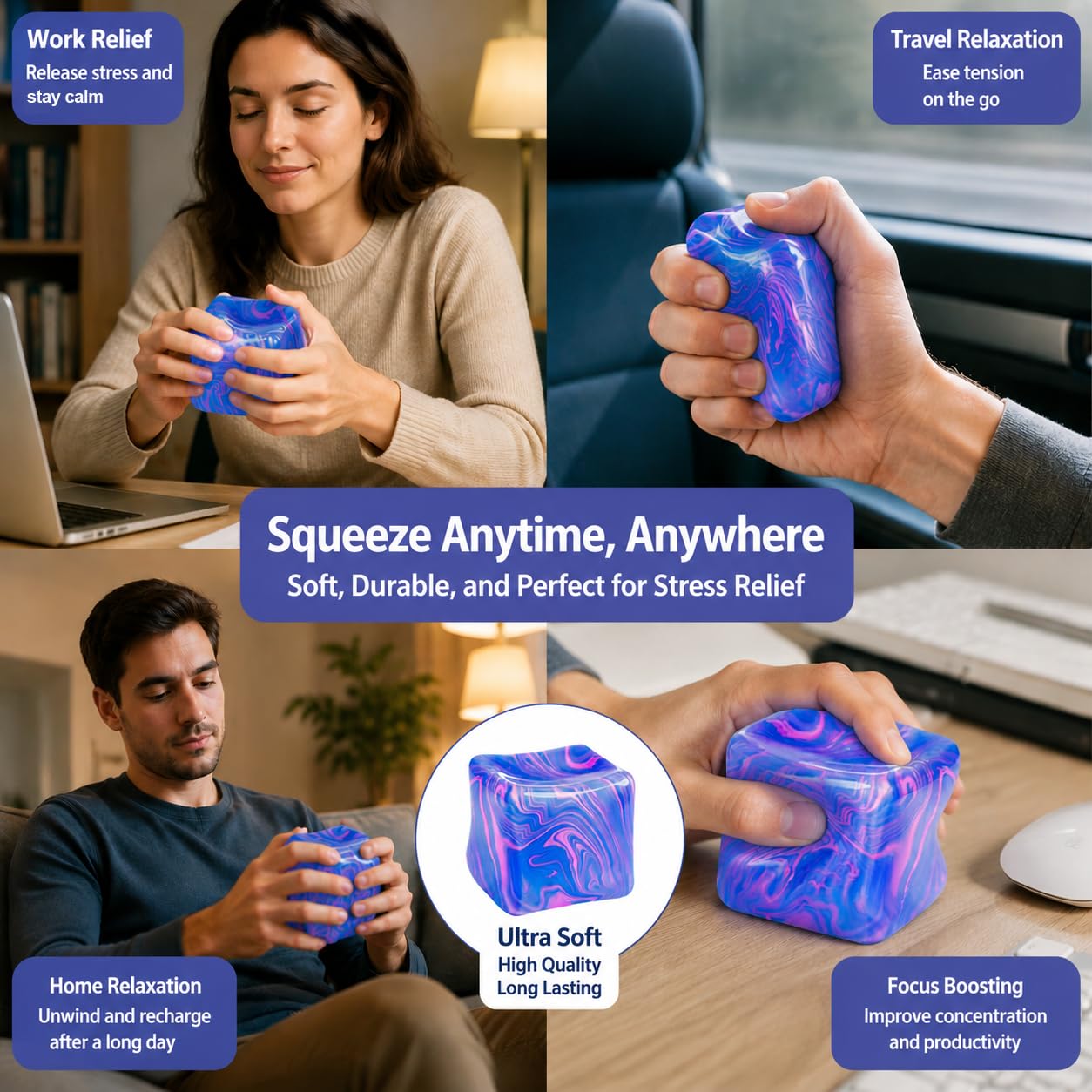 Muhubaih Stress Cube – Blue Slow-Rising Square Fidget Ball for Adults