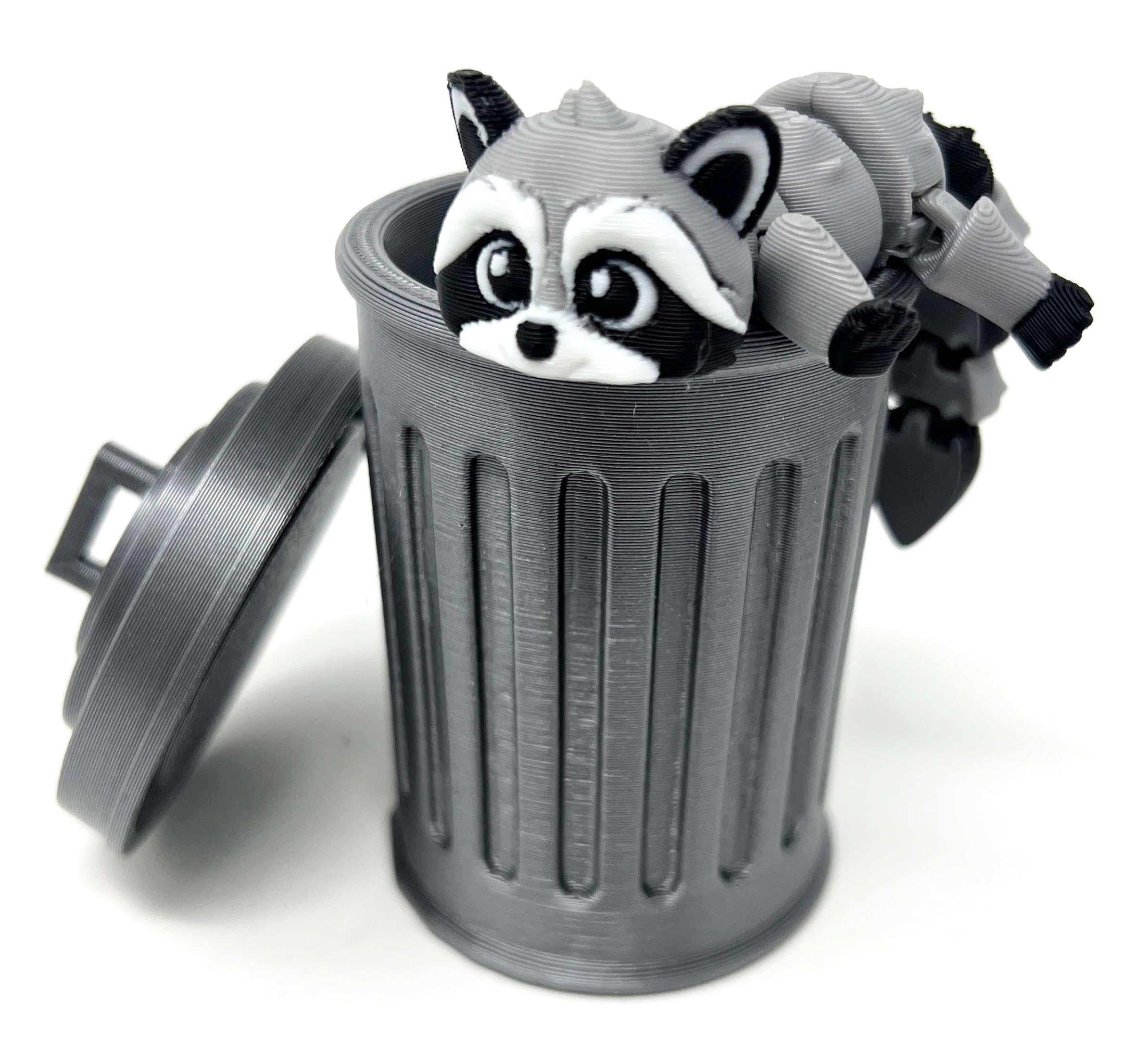 Munnygrubbers Articulating Raccoon Fidget Toy with Trash Can - 3D Printed Poseable Desk Toy
