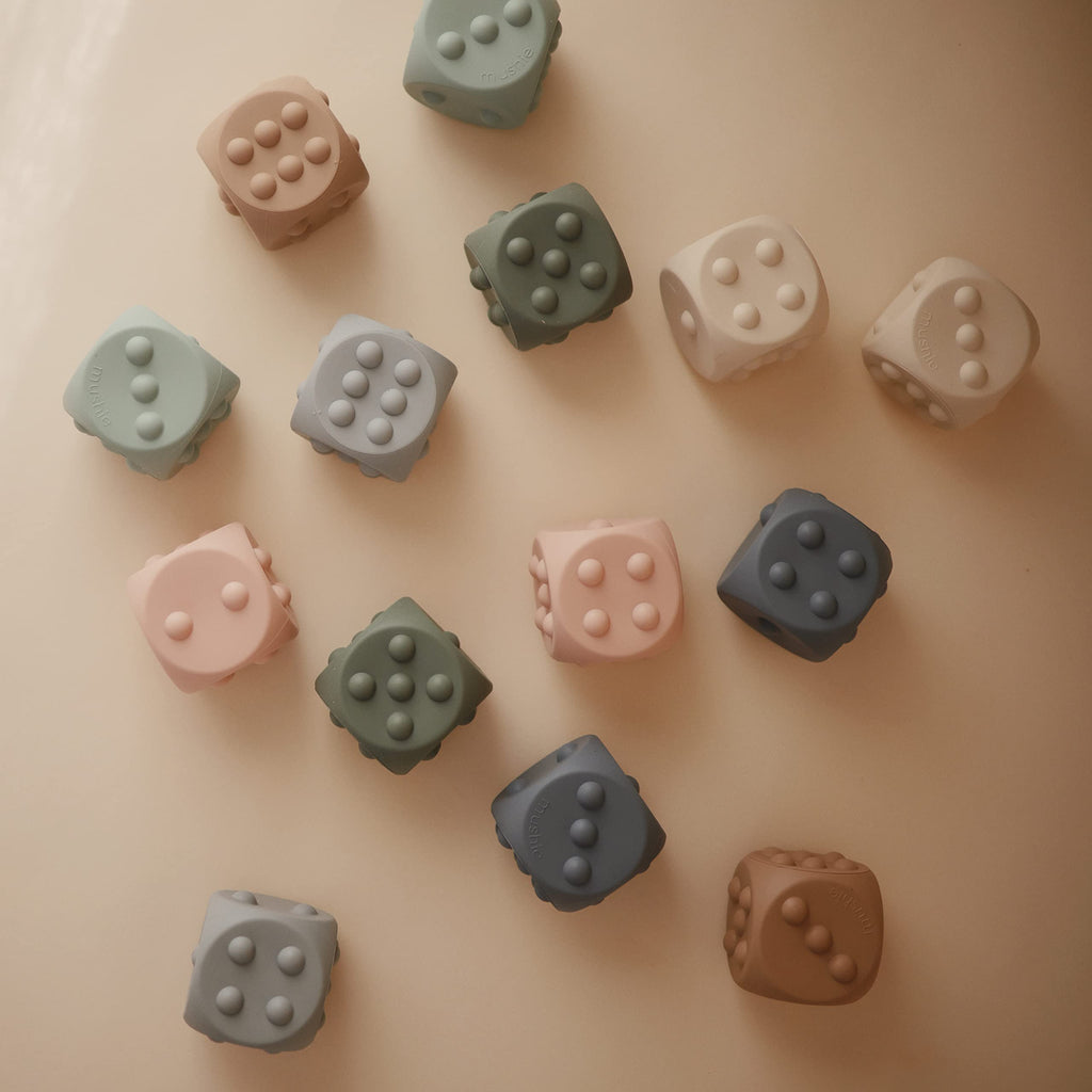 Mushie Silicone Dice Press Toy for Sensory Play – Blush/Shifting Sand, 10+ Months