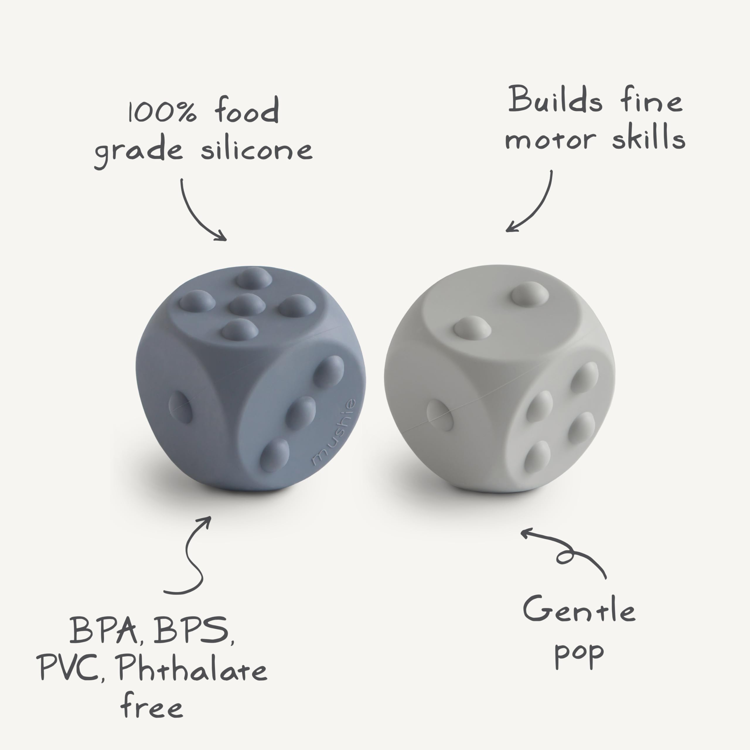 Mushie Silicone Dice Press Toy for Sensory Play – Blush/Shifting Sand, 10+ Months