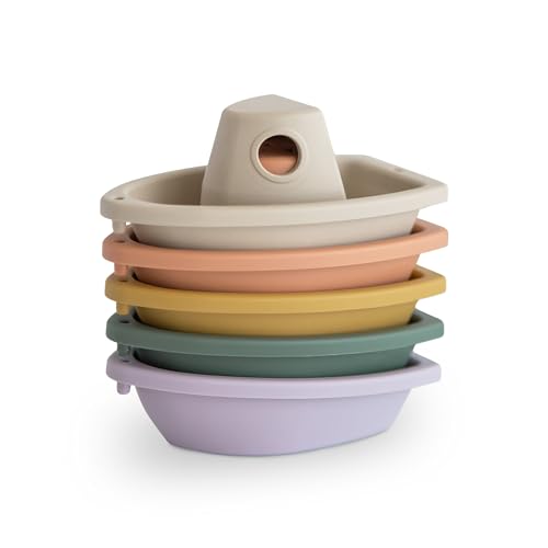 mushie Stackable Bath Boats (Rustic) – Set of 5 Floating Bath Toys for Babies & Toddlers