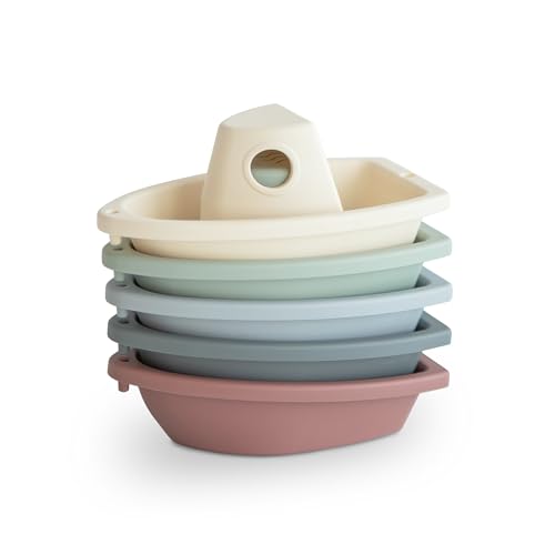 mushie Stackable Bath Boats – Set of 5 Floating Toys for Toddlers & Babies, Made in Denmark