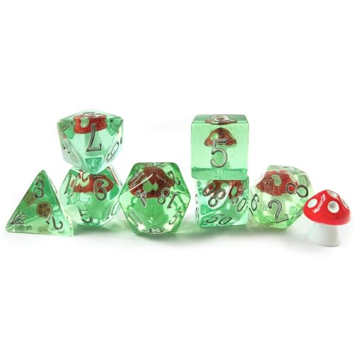 Mushroom DND Dice Set – 7-Piece Polyhedral Resin Dice with Cute Mushroom Inclusions for RPG Games