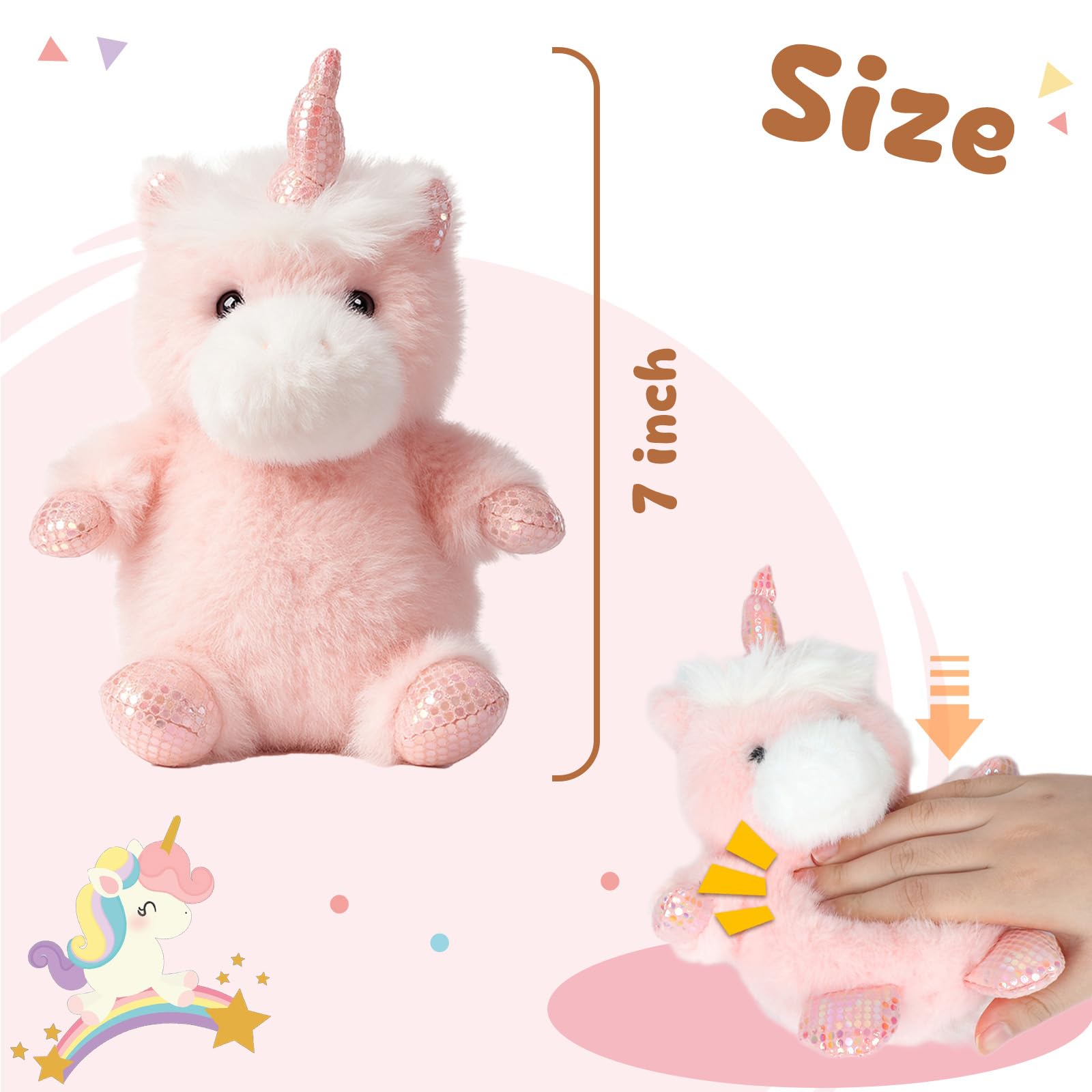 Mushymallow Pink Unicorn Plush Toy – Soft, Squeaky, Palm-Sized Stress Relief for Kids and Adults