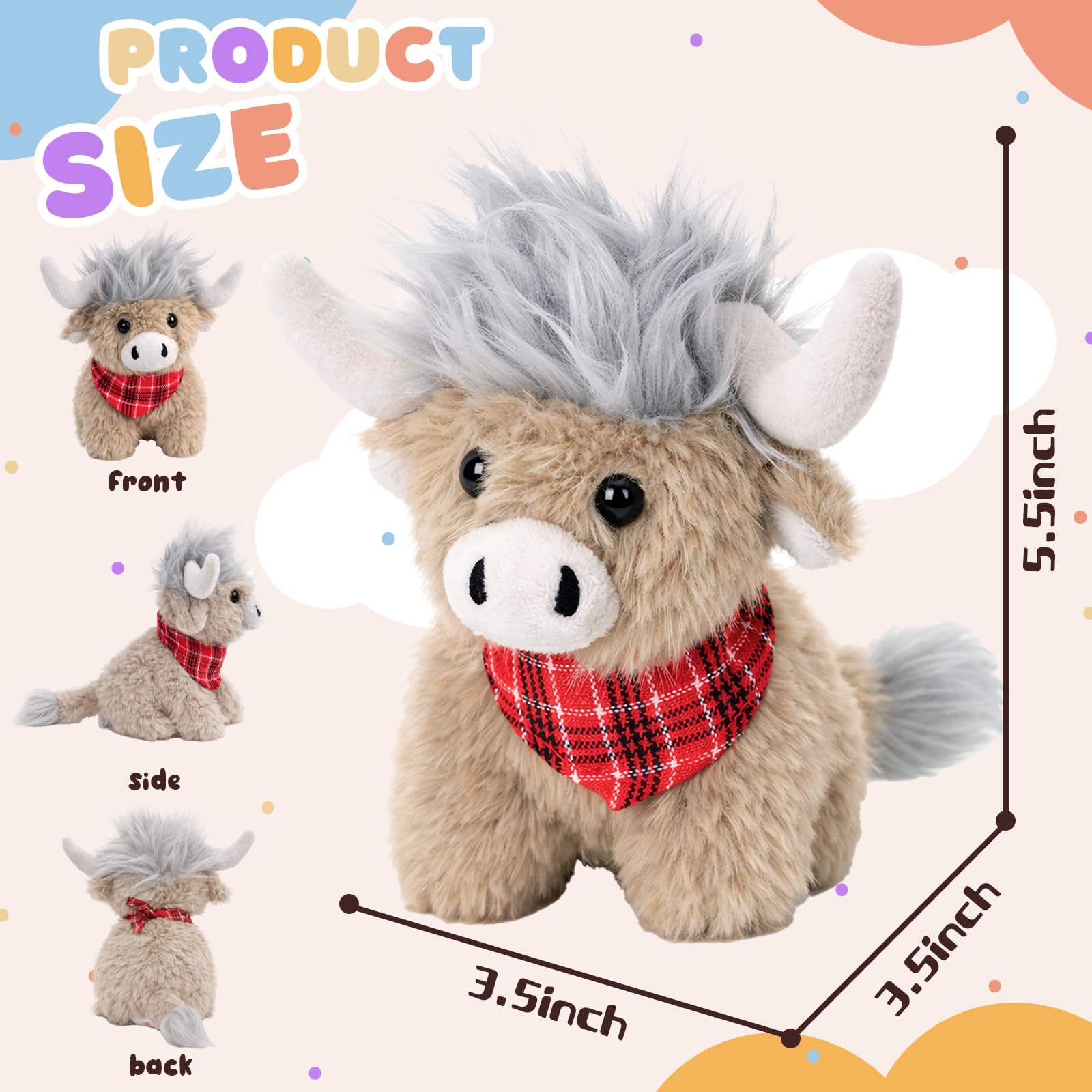 Mushymallow Sitting Highland Cow Plush Toy - Soft Gray Stuffed Animal, Cuddly Gift for Kids and Toddlers