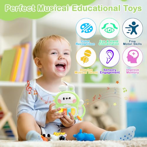 Musical Rabbit Piano Toy for Babies 6-12 Months & Toddlers 1-3 Years - Light Up Bunny with 7 Play Modes, Handle, Safe ABS Plastic - Birthday Gift for 1 Year Old Boy Girl (Green)