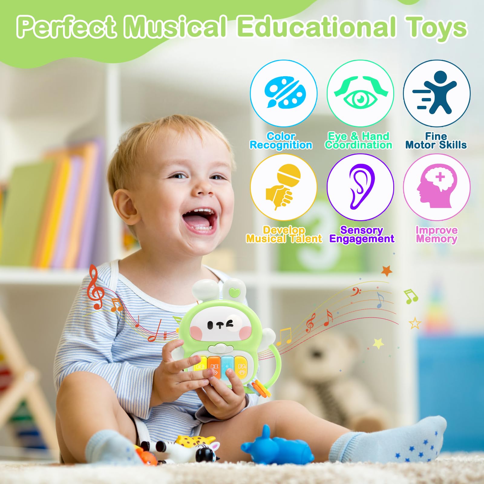 Musical Rabbit Piano Toy for Babies 6-12 Months & Toddlers 1-3 Years - Light Up Bunny with 7 Play Modes, Handle, Safe ABS Plastic - Birthday Gift for 1 Year Old Boy Girl (Green)