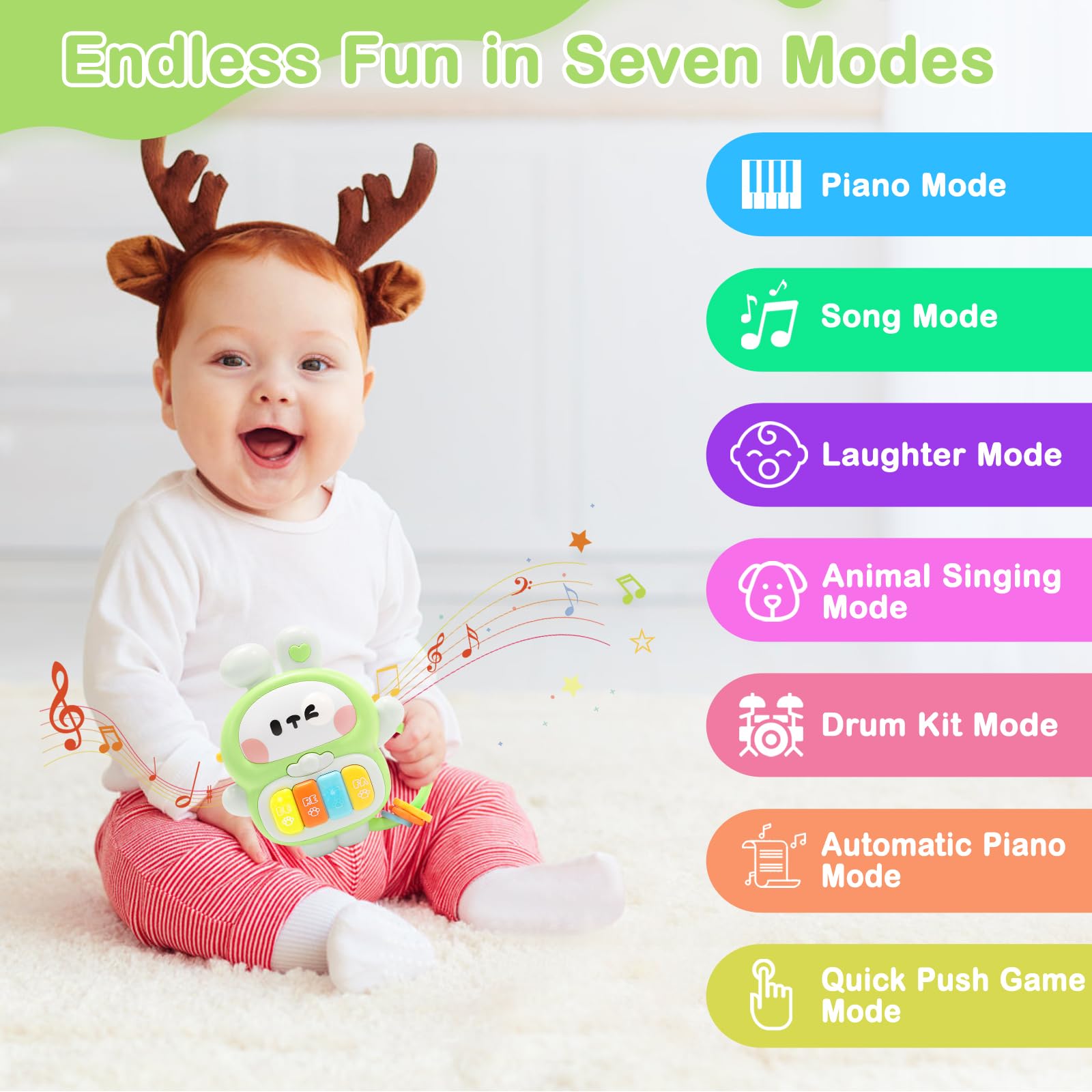 Musical Rabbit Piano Toy for Babies 6-12 Months & Toddlers 1-3 Years - Light Up Bunny with 7 Play Modes, Handle, Safe ABS Plastic - Birthday Gift for 1 Year Old Boy Girl (Green)