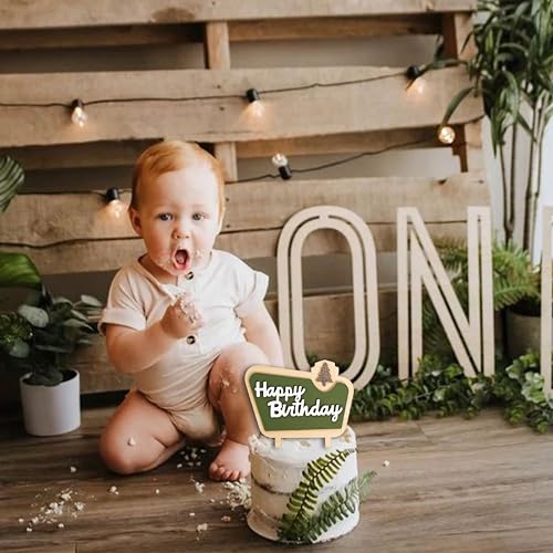 MUWEOL Happy Camper Wooden Cake Topper - Camping Birthday Decoration, 4.8x6.1 inches