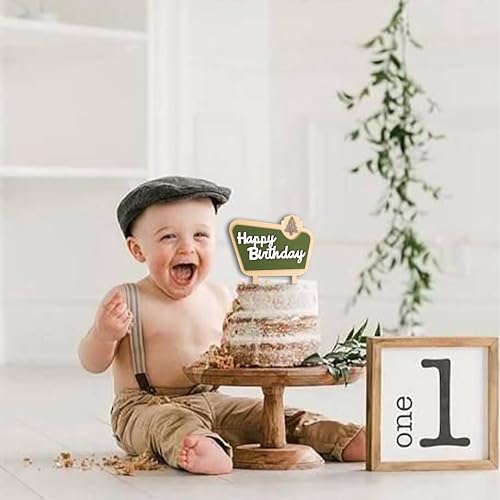 MUWEOL Happy Camper Wooden Cake Topper - Camping Birthday Decoration, 4.8x6.1 inches