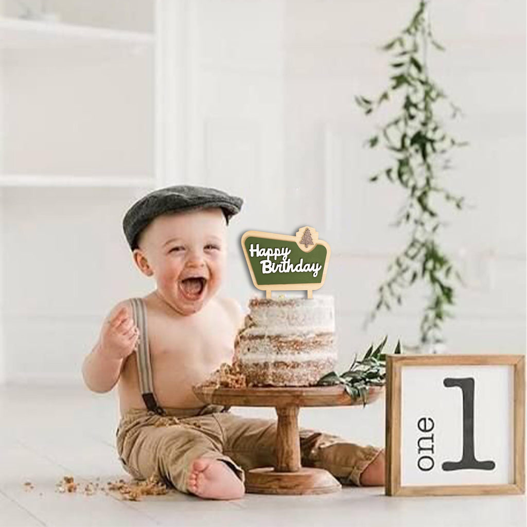 MUWEOL Happy Camper Wooden Cake Topper - Camping Birthday Decoration, 4.8x6.1 inches