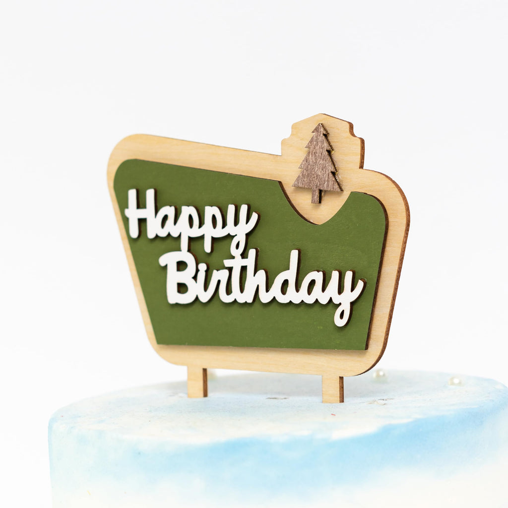 MUWEOL Happy Camper Wooden Cake Topper - Camping Birthday Decoration, 4.8x6.1 inches
