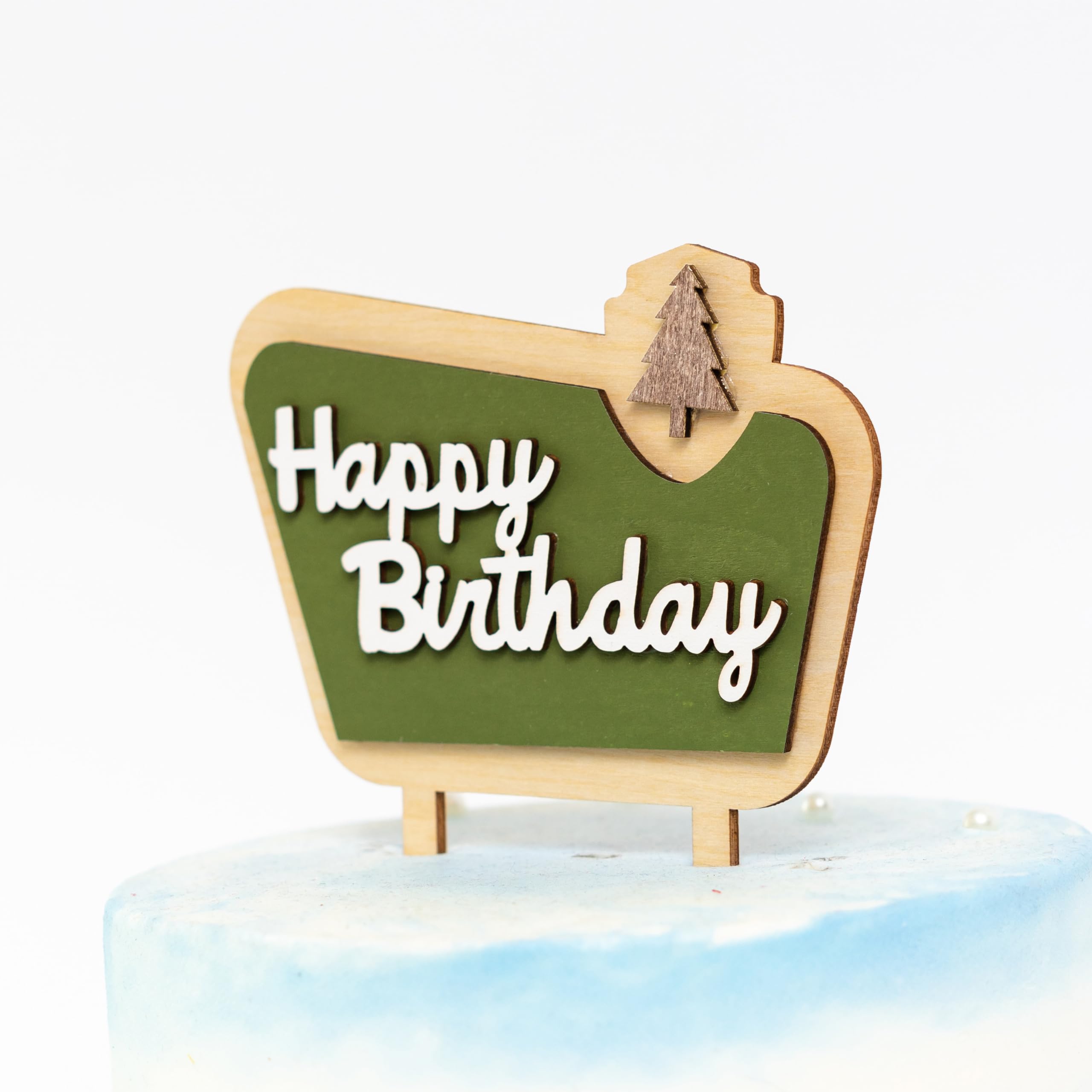 MUWEOL Happy Camper Wooden Cake Topper - Camping Birthday Decoration, 4.8x6.1 inches