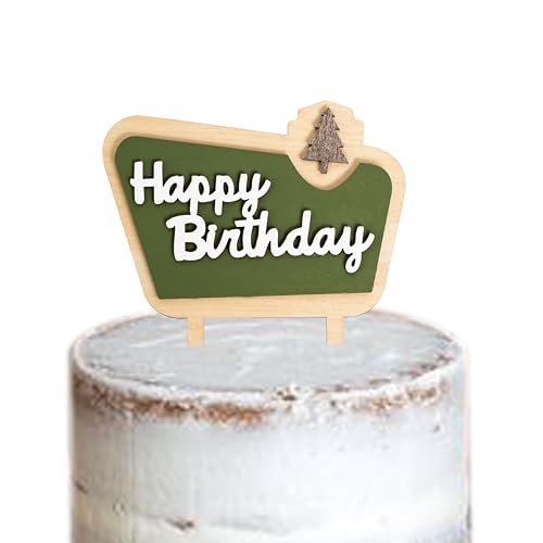 MUWEOL Happy Camper Wooden Cake Topper - Camping Birthday Decoration, 4.8x6.1 inches