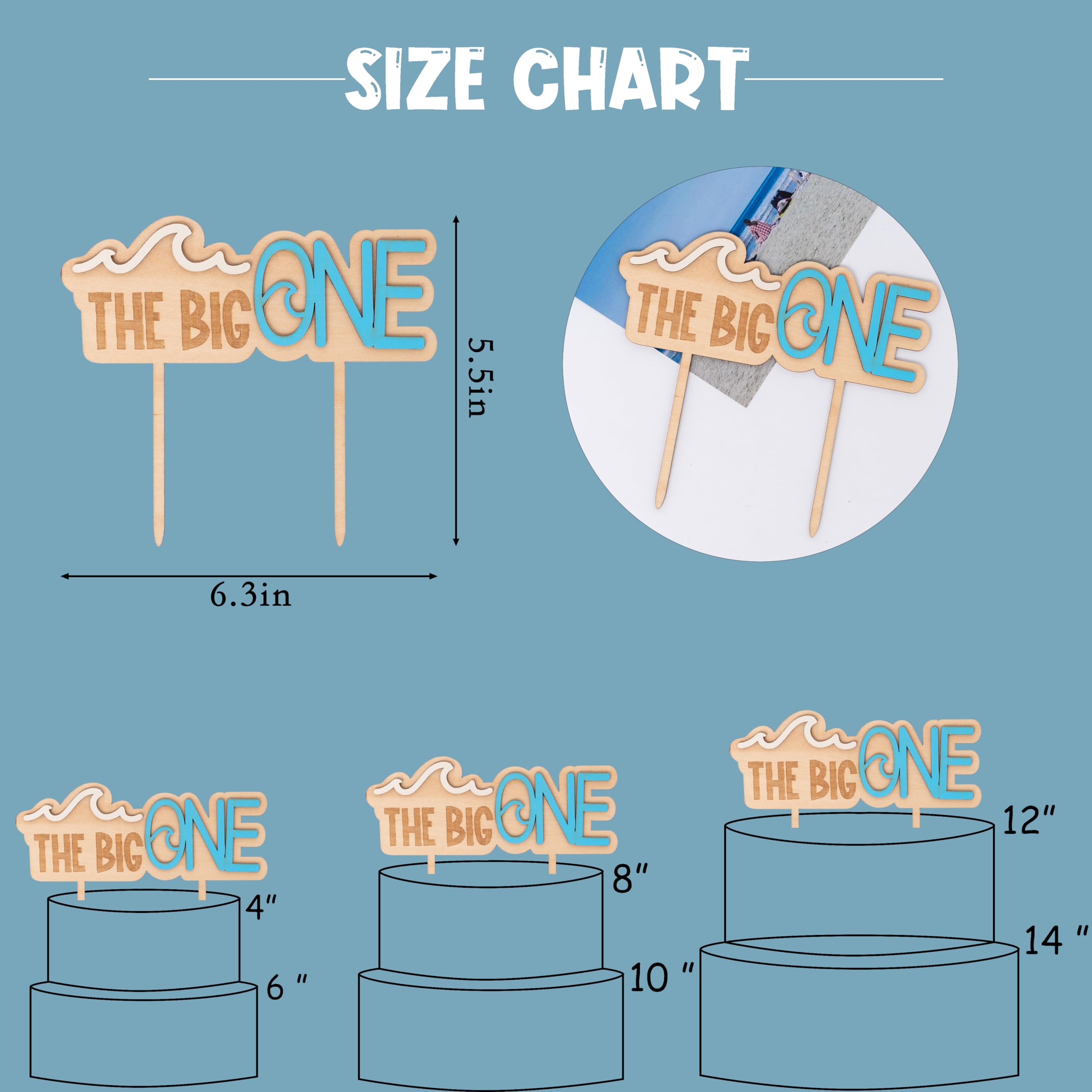 MUWEOL Wave Wooden Cake Topper for First Birthday - Surf Theme Party Decoration, 6.3x5.5 Inches