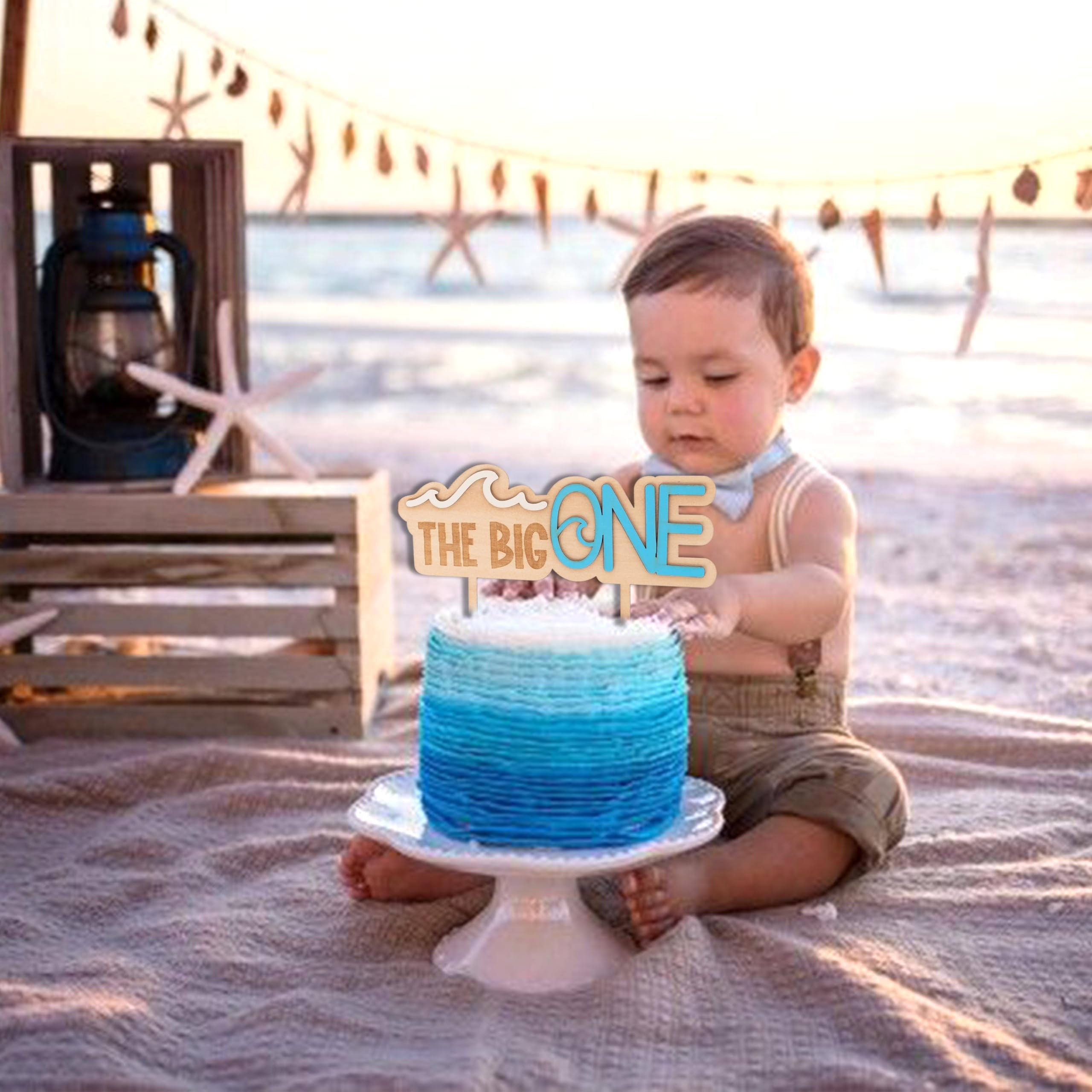 MUWEOL Wave Wooden Cake Topper for First Birthday - Surf Theme Party Decoration, 6.3x5.5 Inches