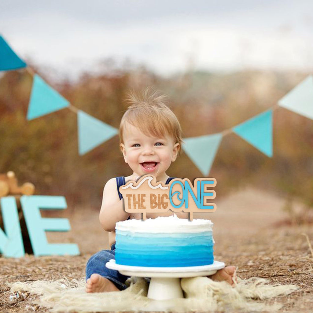 MUWEOL Wave Wooden Cake Topper for First Birthday - Surf Theme Party Decoration, 6.3x5.5 Inches