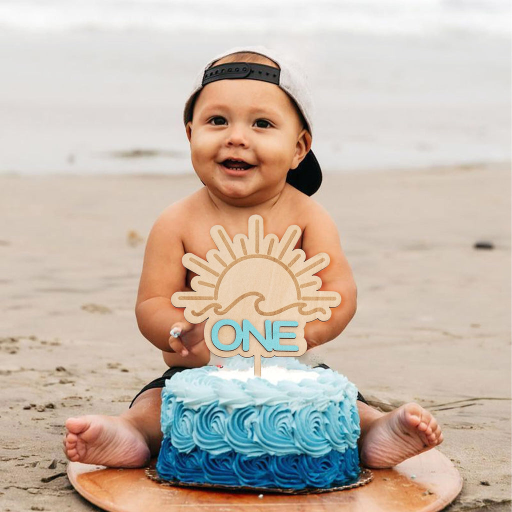 MUWEOL Wooden Wave Surf Cake Topper for First Birthday – Handmade Party Decoration