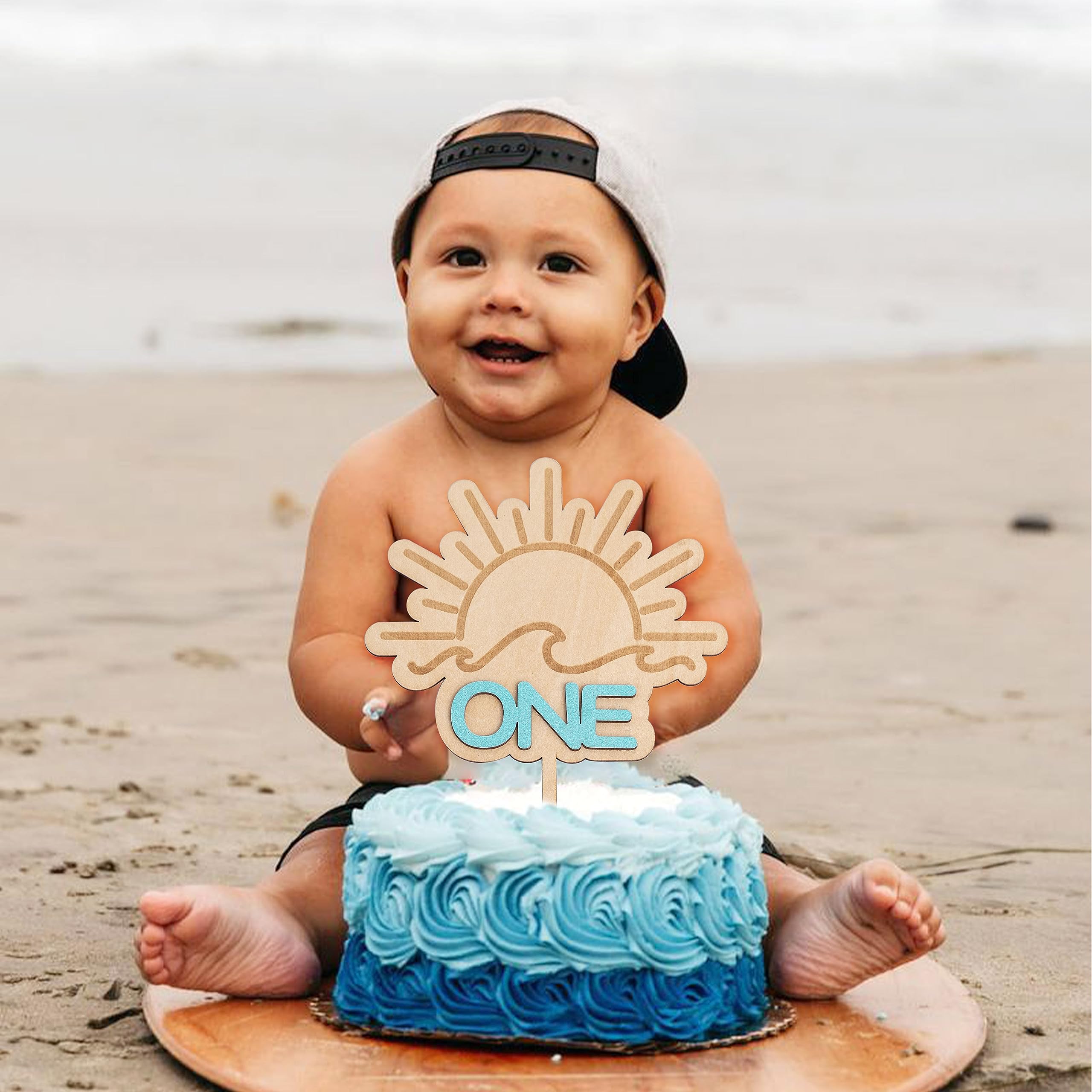 MUWEOL Wooden Wave Surf Cake Topper for First Birthday – Handmade Party Decoration