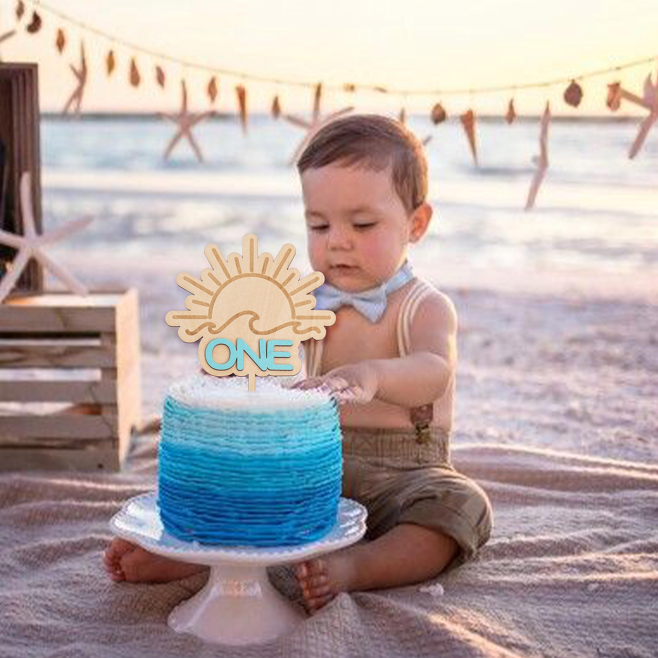 MUWEOL Wooden Wave Surf Cake Topper for First Birthday – Handmade Party Decoration