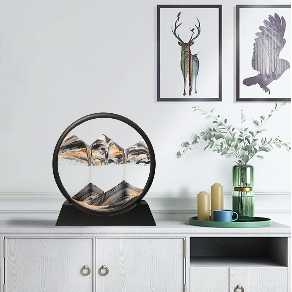 Muyan 7-Inch Moving Sand Art Picture – Calming 3D Sandscape Desk Decor (Black)