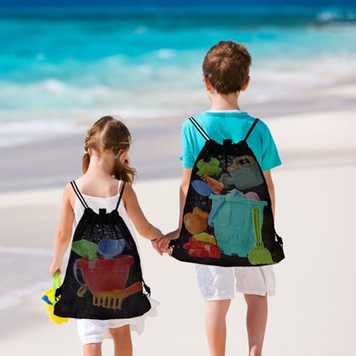 MUYIZI 2-Pack Mesh Beach Bags for Kids and Adults – Quick-Dry, Sand-Free Drawstring Backpack (Black)