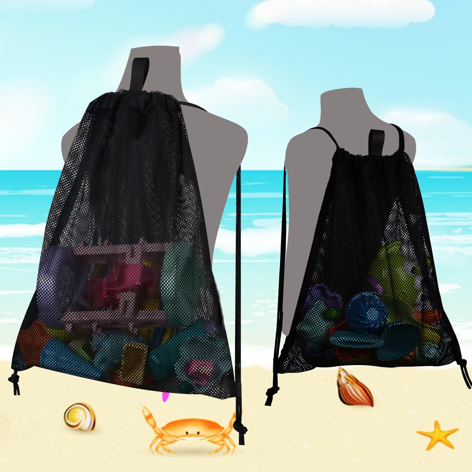 MUYIZI 2-Pack Mesh Beach Bags for Kids and Adults – Quick-Dry, Sand-Free Drawstring Backpack (Black)