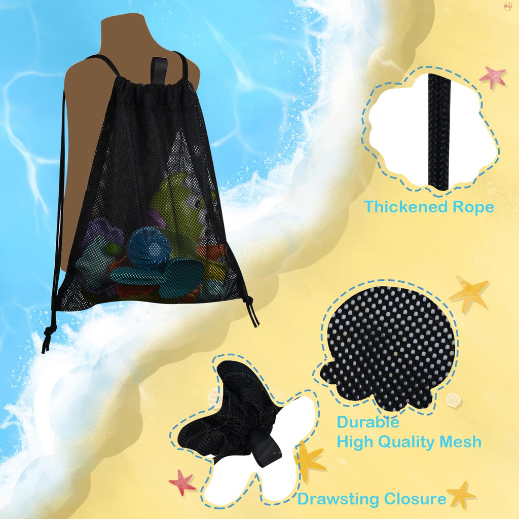 MUYIZI 2-Pack Mesh Beach Bags for Kids and Adults – Quick-Dry, Sand-Free Drawstring Backpack (Black)