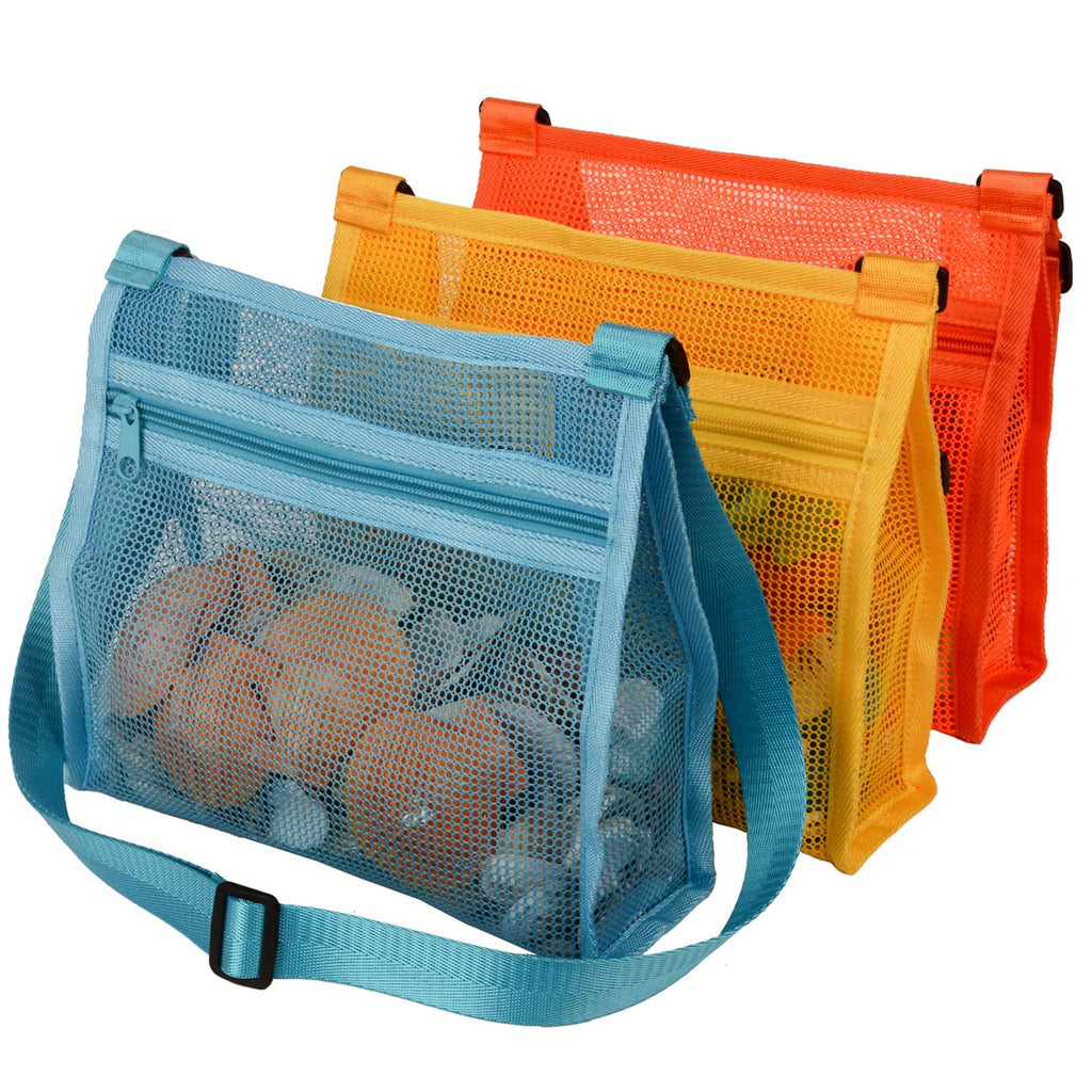 MUYIZI 3-Pack Mesh Beach Bag for Shell Collecting - Quick-Drying, Adjustable Strap, Zippered Shell Bag for Kids and Adults