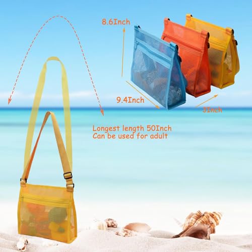 MUYIZI 3-Pack Mesh Beach Bag for Shell Collecting - Quick-Drying, Adjustable Strap, Zippered Shell Bag for Kids and Adults