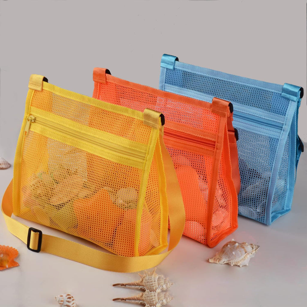 MUYIZI 3-Pack Mesh Beach Bag for Shell Collecting - Quick-Drying, Adjustable Strap, Zippered Shell Bag for Kids and Adults
