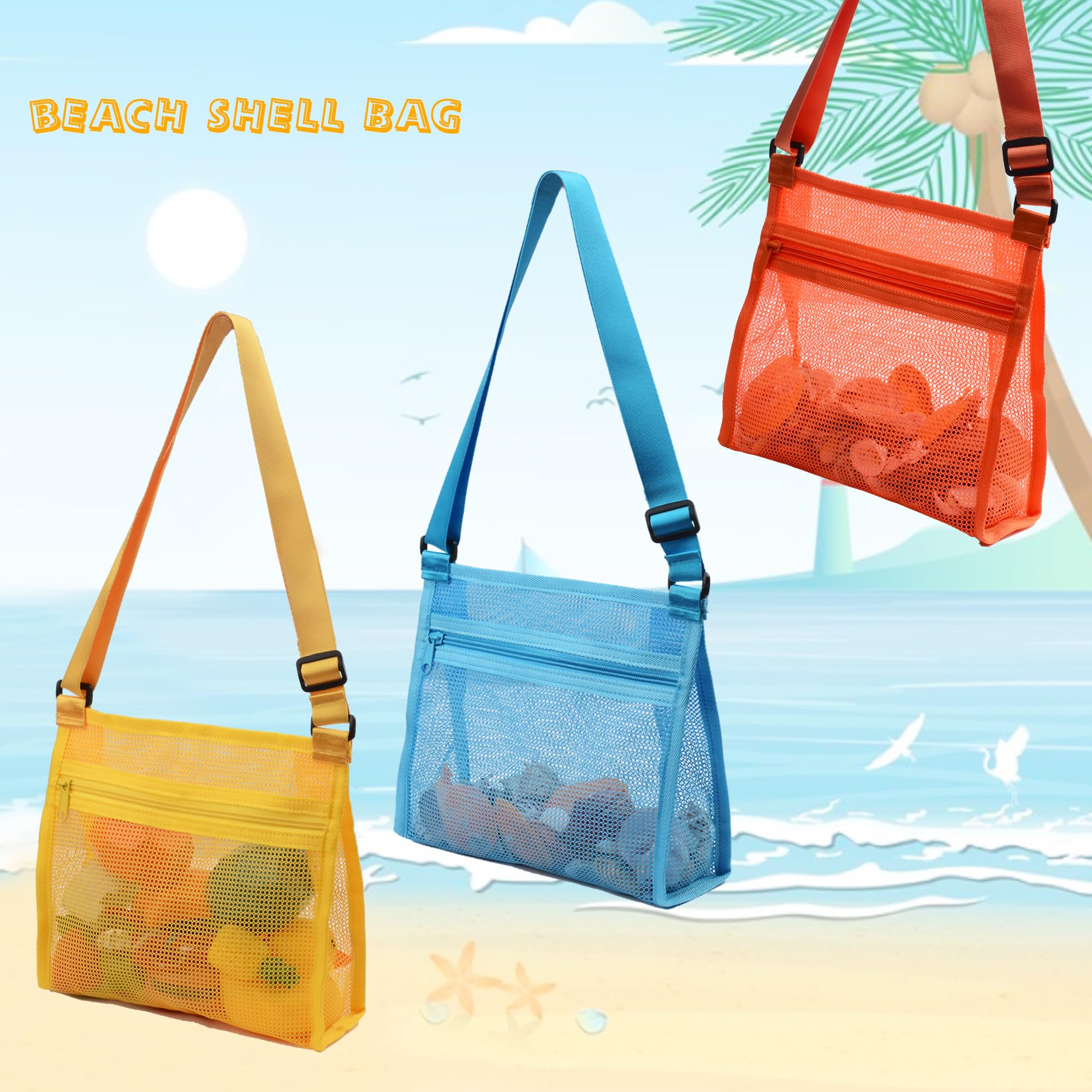 MUYIZI 3-Pack Mesh Beach Bag for Shell Collecting - Quick-Drying, Adjustable Strap, Zippered Shell Bag for Kids and Adults