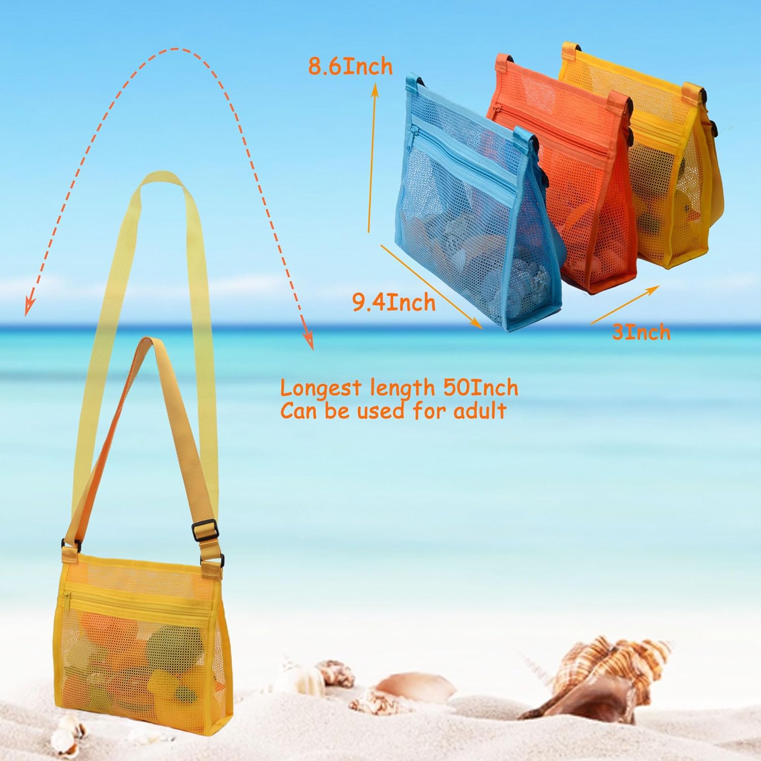 MUYIZI 3-Pack Mesh Beach Bag for Shell Collecting - Quick-Drying, Adjustable Strap, Zippered Shell Bag for Kids and Adults