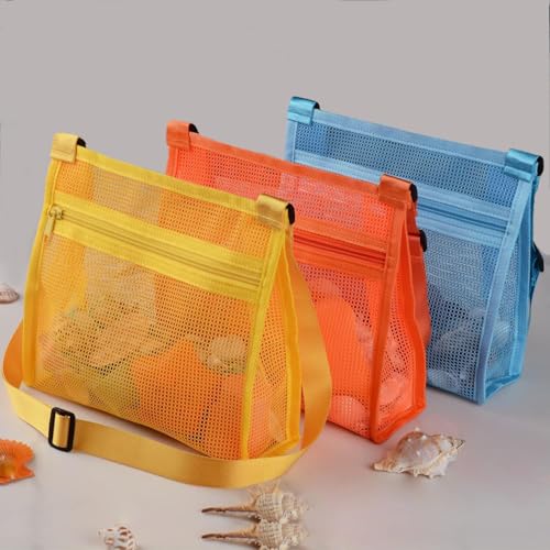 MUYIZI 3-Pack Mesh Beach Bag for Shell Collecting - Quick-Drying, Adjustable Strap, Zippered Shell Bag for Kids and Adults