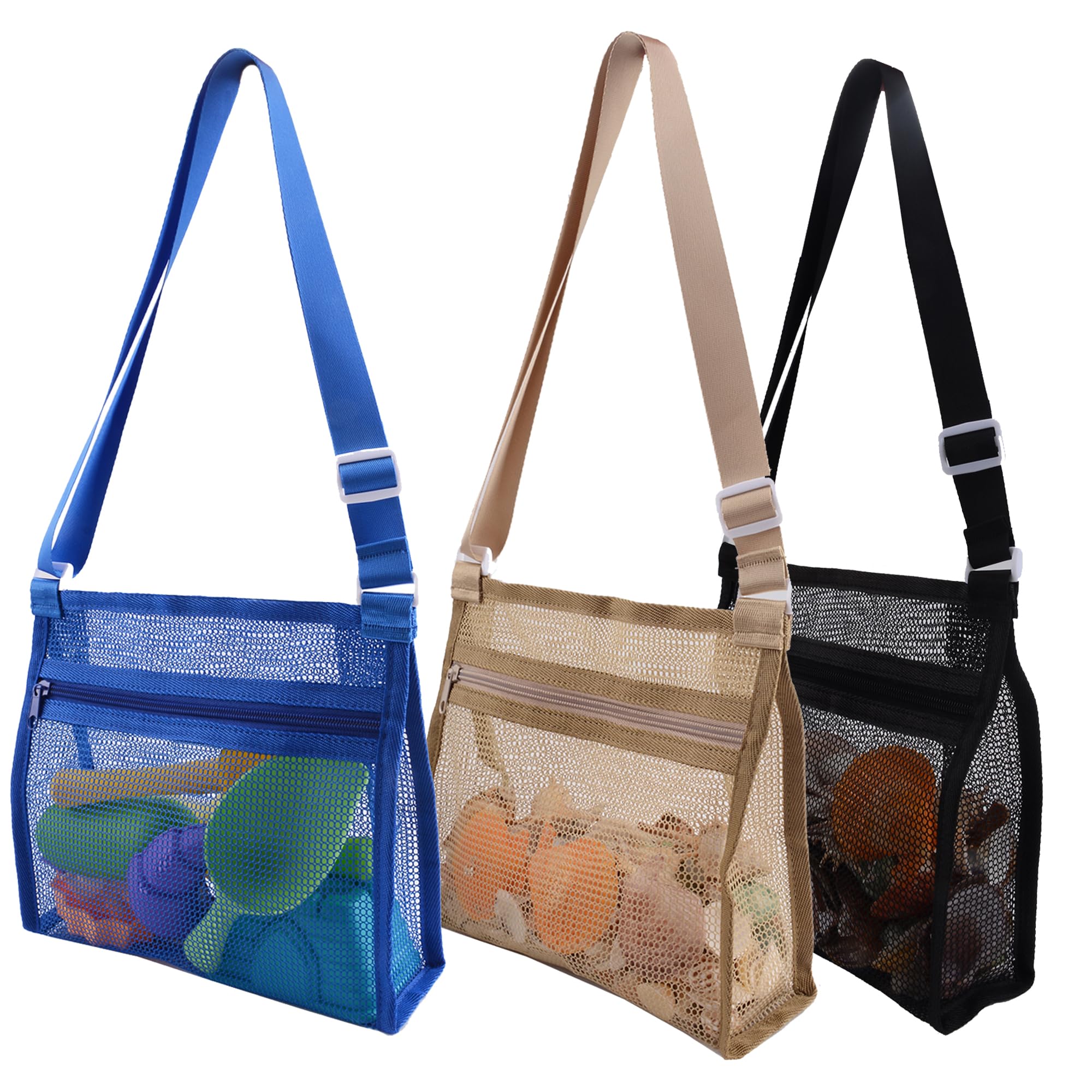 MUYIZI 3-Pack Mesh Beach Bags for Shell Collecting – Quick-Dry Nylon, Adjustable Strap