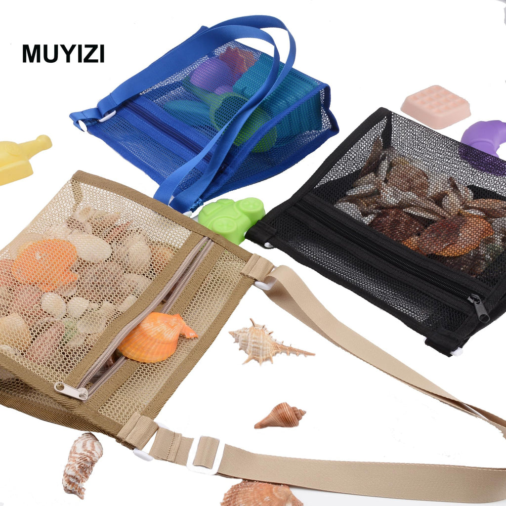 MUYIZI 3-Pack Mesh Beach Bags for Shell Collecting – Quick-Dry Nylon, Adjustable Strap