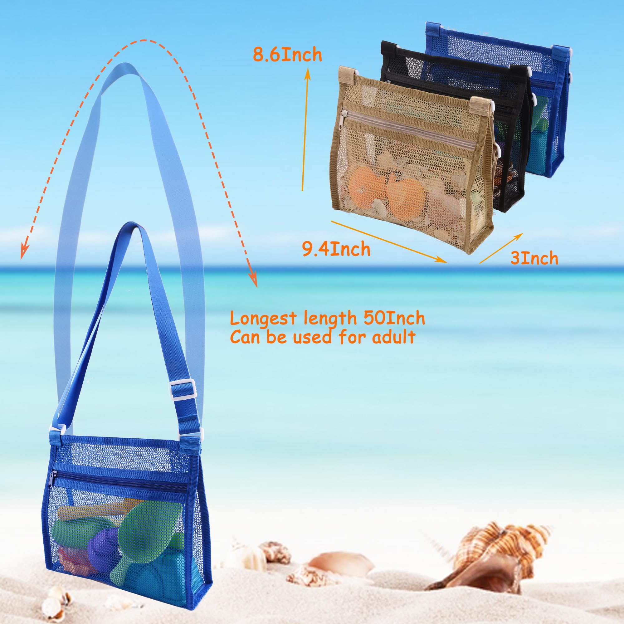 MUYIZI 3-Pack Mesh Beach Bags for Shell Collecting – Quick-Dry Nylon, Adjustable Strap