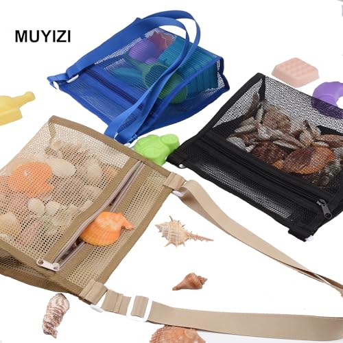 MUYIZI 3-Pack Mesh Beach Bags for Shell Collecting – Quick-Dry Nylon, Adjustable Strap