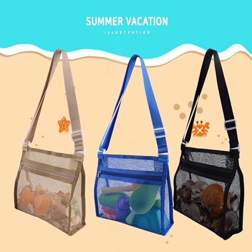 MUYIZI 3-Pack Mesh Beach Bags for Shell Collecting – Quick-Dry Nylon, Adjustable Strap