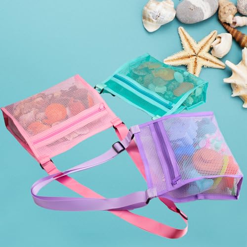 MUYIZI 3-Pack Mesh Beach Shell Bag – Quick-Dry, Adjustable Strap, Zippered Bag for Shell Collecting, Sand Toys, and Beach Essentials