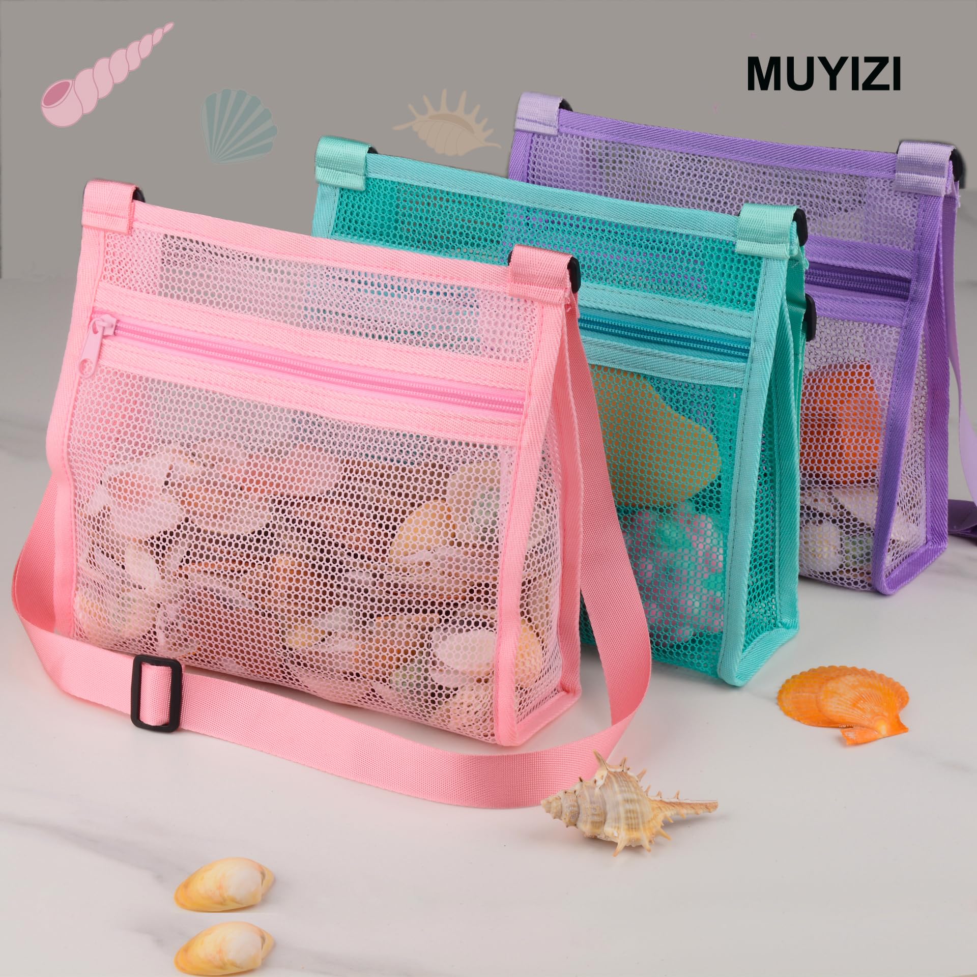MUYIZI 3-Pack Mesh Beach Shell Bag – Quick-Dry, Adjustable Strap, Zippered Bag for Shell Collecting, Sand Toys, and Beach Essentials